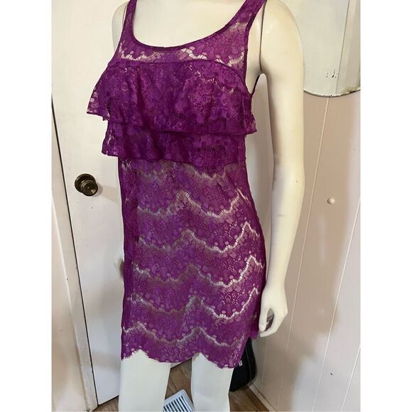 Free People Sheer Lace purple Slip/Mini Dress W/Ruffled Bodice Women’s Small - Picture 2 of 7